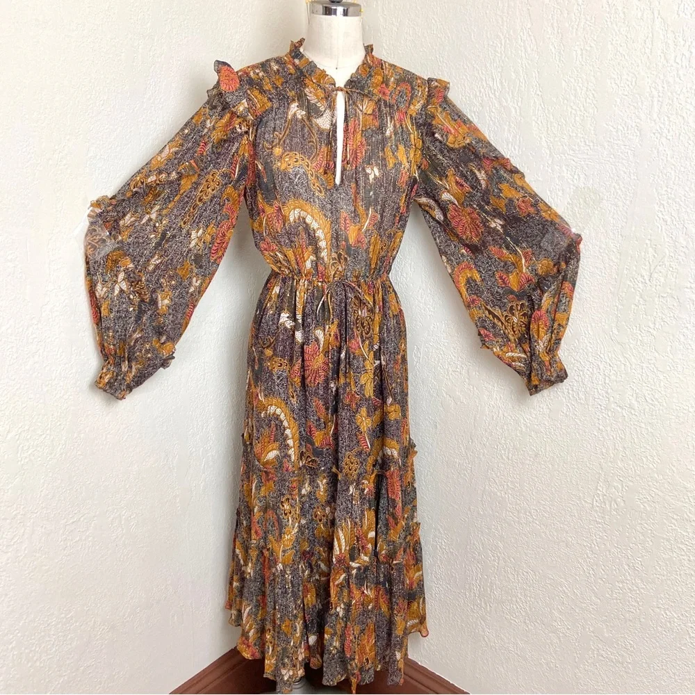 $650 Ulla Johnson RARE! Paola Silk Lurex Midi Dress - Picture 5 of 15